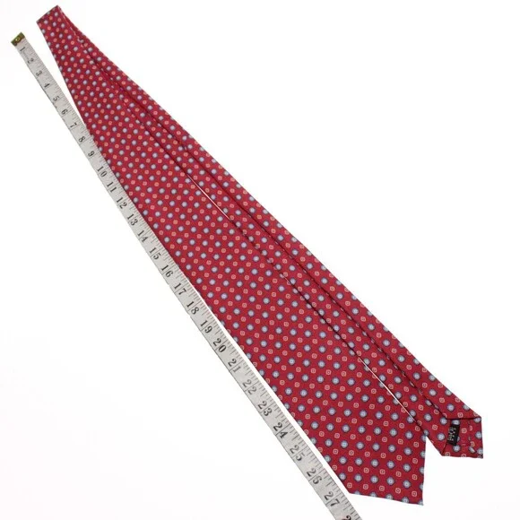 Drake's NWT Neck Tie in Red with Light Blue & White Geometric Pattern 100% Silk